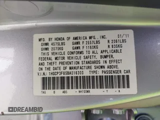 2011 Honda Accord EX-L with VIN 1HGCP3F85BA016300, listed as a IAAI auction lot 42539718 with 110,344 mi miles and . Bid and sale history available at DreamBid. Image 9.