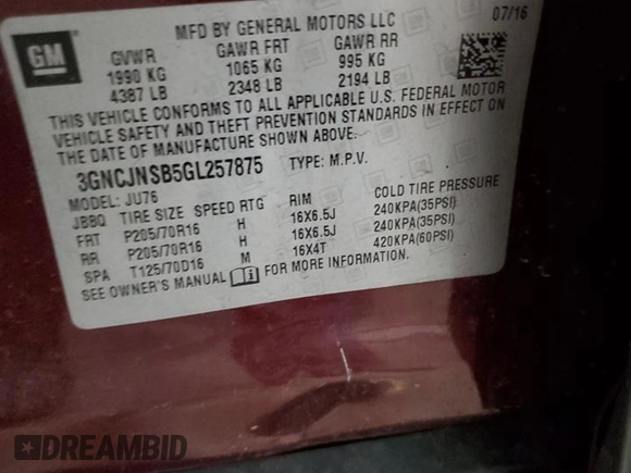 2016 Chevrolet Trax LS z VIN 3GNCJNSB5GL257875, wystawiony jako Copart lot #49535085 z przebiegiem 125 556 mil mil oraz Szkoda całkowita • Salvage title. Historia ofert i sprzedaży dostępna na DreamBid. Obrazek 13.