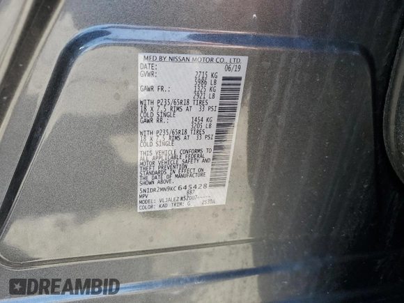 2019 Nissan Pathfinder SV с VIN 5N1DR2MN9KC645428, выставлен на аукционе Copart как лот 62003195 с пробегом 77 499 миль миль и На запчасти • Non repairable. История ставок и продаж доступна на DreamBid. Изображение 14.