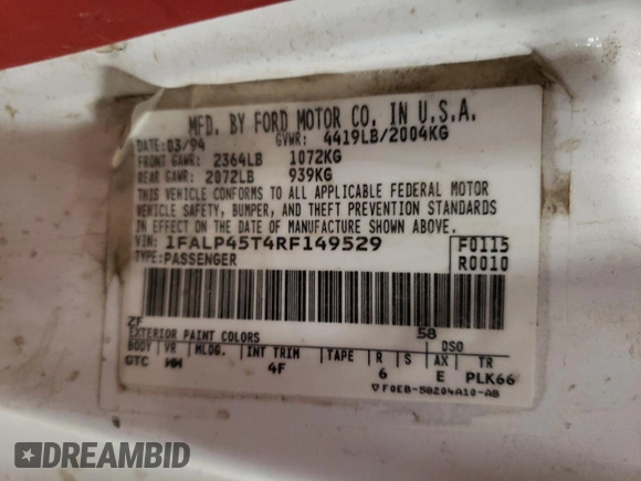1994 Ford Mustang z VIN 1FALP45T4RF149529, wystawiony jako Copart lot #42222295 z przebiegiem 179 309 mil mil oraz Szkoda całkowita • Salvage title. Historia ofert i sprzedaży dostępna na DreamBid. Obrazek 14.