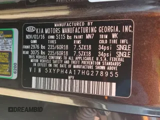 2017 Kia Sorento EX z VIN 5XYPH4A17HG278955, wystawiony jako Copart lot #58809575 z przebiegiem 44 997 mil mil oraz Szkoda całkowita • Salvage title. Historia ofert i sprzedaży dostępna na DreamBid. Obrazek 13.