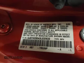 2003 Honda Element EX with VIN 5J6YH28543L032633, listed as a IAAI auction lot 41403797 with 117,190 mi miles and . Bid and sale history available at DreamBid. Image 9.