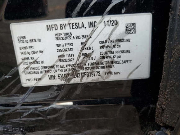 2021 Tesla Model X P100D with VIN 5YJXCDE42MF319772, listed as a Copart auction lot 87680155 with NaN miles and Salvage Title. Bid and sale history available at carsss.com. Image 13.
