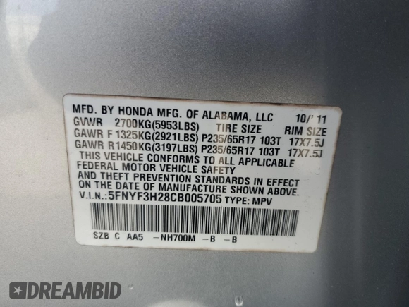 2012 Honda Pilot LX with VIN 5FNYF3H28CB005705, listed as a Copart auction lot 60687955 with 212,315 mi miles and Salvage title. Bid and sale history available at DreamBid. Image 13.