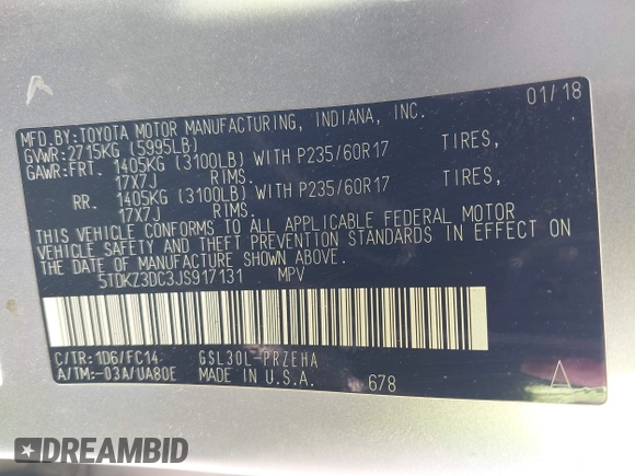 2018 Toyota Sienna LE Auto Access Seat with VIN 5TDKZ3DC3JS917131, listed as a IAAI auction lot 42250342 with 174,159 mi miles and . Bid and sale history available at DreamBid. Image 9.