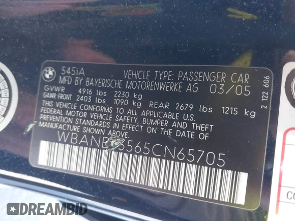 2005 BMW 5 Series 545i with VIN WBANB33565CN65705, listed as a IAAI auction lot 41681847 with 112,159 mi miles and . Bid and sale history available at carsss.com. Image 9.