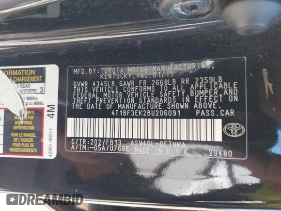 2011 Toyota Camry LE with VIN 4T1BF3EK2BU206091, listed as a IAAI auction lot 41849411 with 152,020 mi miles and . Bid and sale history available at DreamBid. Image 9.