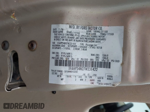 2007 Ford Focus S with VIN 1FAHP34N27W231422, listed as a IAAI auction lot 42521488 with 113,296 mi miles and . Bid and sale history available at DreamBid. Image 9.