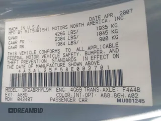 2008 Mitsubishi Eclipse GS with VIN 4A3AL25F58E002701, listed as a IAAI auction lot 41396529 with 126,655 mi miles and . Bid and sale history available at DreamBid. Image 9.