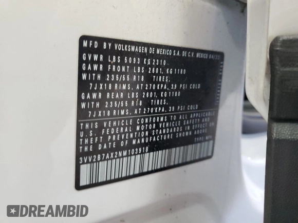 2022 Volkswagen Tiguan SE с VIN 3VV2B7AX2NM103918, выставлен на аукционе Copart как лот 88865235 с пробегом 45 035 миль миль и Списание • Salvage title. История ставок и продаж доступна на DreamBid. Изображение 13.