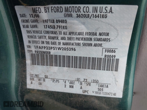 2001 Ford Focus LX with VIN 1FAFP33P51W205396, listed as a IAAI auction lot 41563111 with 95,882 mi miles and . Bid and sale history available at carsss.com. Image 9.