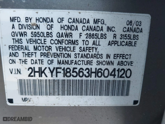 2003 Honda Pilot EX with VIN 2HKYF18563H604120, listed as a IAAI auction lot 41297222 with 248,748 mi miles. Bid and sale history available at carsss.com. Image 9.