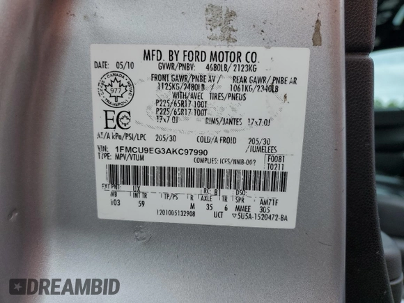 2010 Ford Escape Limited with VIN 1FMCU9EG3AKC97990, listed as a Copart auction lot 61552055 with 278,447 mi miles and Salvage title. Bid and sale history available at DreamBid. Image 12.