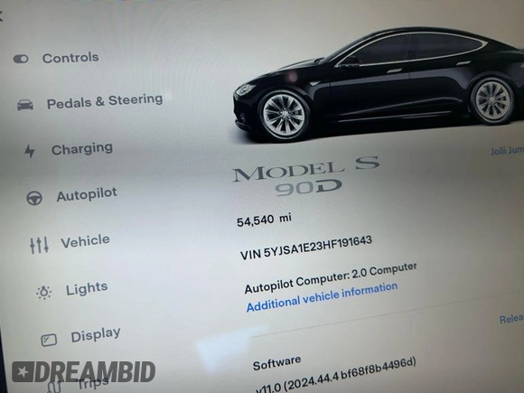 2017 Tesla Model S 100D z VIN 5YJSA1E23HF191643, wystawiony jako IAAI lot #42531405 z przebiegiem 54 540 mil mil oraz . Historia ofert i sprzedaży dostępna na DreamBid. Obrazek 1.