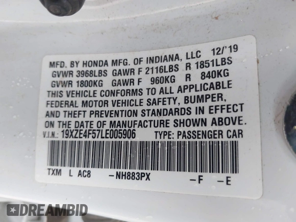 2020 Honda Insight EX with VIN 19XZE4F57LE005906, listed as a IAAI auction lot 41898332 with 102,982 mi miles and . Bid and sale history available at carsss.com. Image 9.