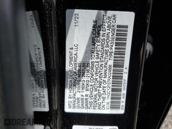 2024 Honda Accord Sport с VIN 1HGCY2F57RA024888, выставлен на аукционе Copart как лот 61233545 с пробегом 20 505 миль миль и Списание • Salvage title. История ставок и продаж доступна на DreamBid. Изображение 12.