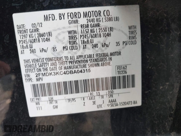 2013 Ford Edge Limited with VIN 2FMDK3KC4DBA04315, listed as a IAAI auction lot 41857709 with 177,912 mi miles. Bid and sale history available at carsss.com. Image 9.