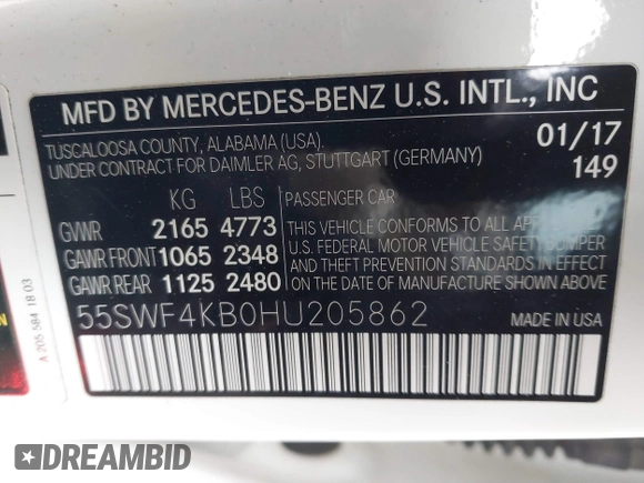 2017 Mercedes-Benz C 300 with VIN 55SWF4KB0HU205862, listed as a IAAI auction lot 41293902 with 110,854 mi miles and . Bid and sale history available at DreamBid. Image 9.