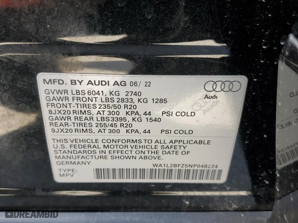 2022 Audi Q4 e-tron Premium Plus with VIN WA1L2BFZ5NP048224, listed as a Copart auction lot 45727985 with 38,022 mi miles and Salvage Title. Bid and sale history available at carsss.com. Image 13.