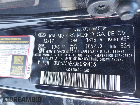 2018 Kia Rio LX with VIN 3KPA25ABXJE088415, listed as a IAAI auction lot 41636441 with Not Provided miles and . Bid and sale history available at DreamBid. Image 9.
