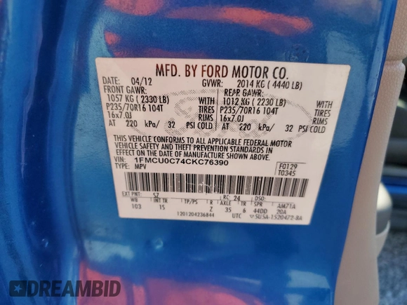 2012 Ford Escape XLS with VIN 1FMCU0C74CKC76390, listed as a Copart auction lot 55612795 with 348,079 mi miles and Salvage title. Bid and sale history available at DreamBid. Image 13.