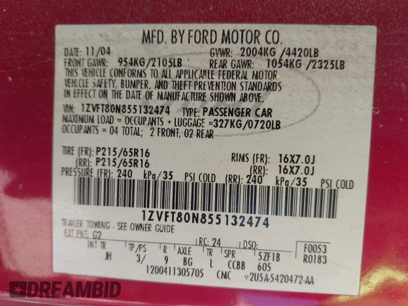 2005 Ford Mustang Deluxe with VIN 1ZVFT80N855132474, listed as a IAAI auction lot 42048955 with 199,930 mi miles. Bid and sale history available at carsss.com. Image 9.