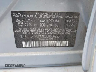 2013 Hyundai Sonata Limited with VIN 5NPEC4AC3DH666923, listed as a IAAI auction lot 41799016 with 210,388 mi miles and . Bid and sale history available at carsss.com. Image 9.