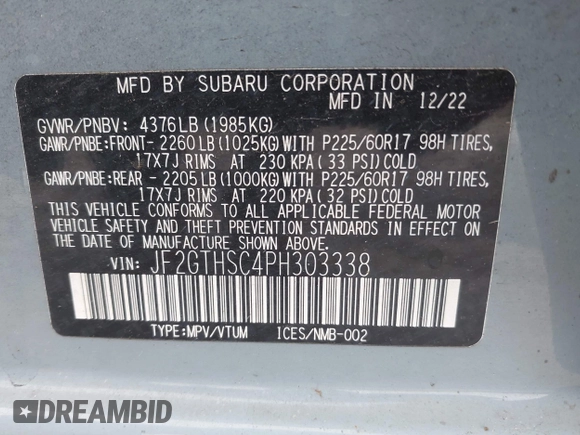 2023 Subaru Crosstrek Special Sports with VIN JF2GTHSC4PH303338, listed as a IAAI auction lot 42333597 with 43,494 mi miles and . Bid and sale history available at DreamBid. Image 9.