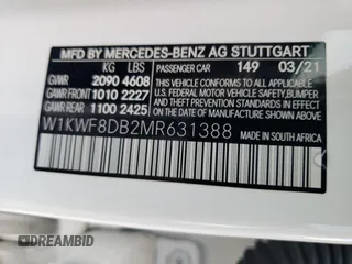 2021 Mercedes-Benz C 300 z VIN W1KWF8DB2MR631388, wystawiony jako Copart lot #59914035 z przebiegiem 45 794 mil mil oraz Szkoda całkowita • Salvage title. Historia ofert i sprzedaży dostępna na DreamBid. Obrazek 12.