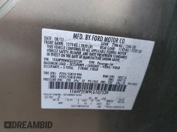 2012 Ford Taurus SEL with VIN 1FAHP2EW9CG107539, listed as a Copart auction lot 45551655 with 199,963 mi miles and Salvage Title. Bid and sale history available at carsss.com. Image 12.