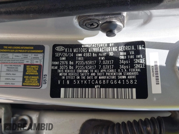 2015 Kia Sorento LX with VIN 5XYKTCA68FG641582, listed as a IAAI auction lot 42063254 with 159,125 mi miles and . Bid and sale history available at DreamBid. Image 9.