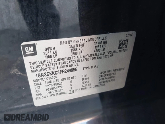2015 Chevrolet Suburban LTZ with VIN 1GNSCKKC3FR249956, listed as a IAAI auction lot 41306605 with 122,942 mi miles and . Bid and sale history available at DreamBid. Image 9.