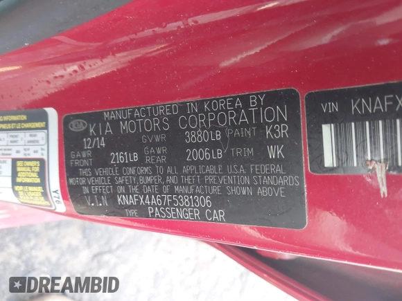 2015 Kia Forte LX with VIN KNAFX4A67F5381306, listed as a IAAI auction lot 41509081 with 175,383 mi miles and . Bid and sale history available at carsss.com. Image 9.