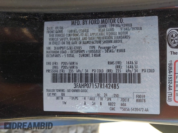 2007 Ford Fusion SE with VIN 3FAHP07157R142485, listed as a IAAI auction lot 42050207 with 150,263 mi miles. Bid and sale history available at carsss.com. Image 9.
