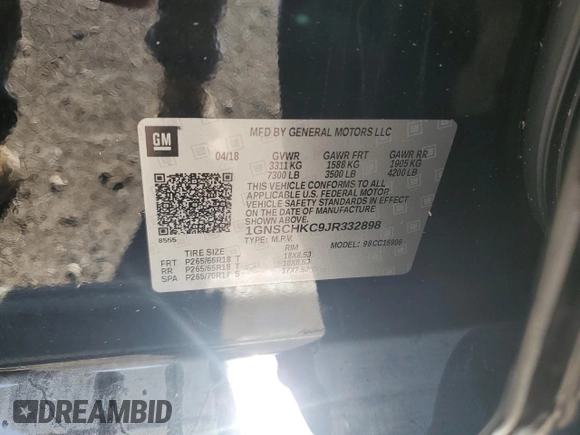 2018 Chevrolet Suburban LT с VIN 1GNSCHKC9JR332898, выставлен на аукционе Copart как лот 55525315 с пробегом 70 765 миль миль и Списание • Salvage title. История ставок и продаж доступна на DreamBid. Изображение 14.