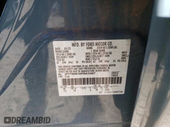 2023 Ford Maverick XL with VIN 3FTTW8E36PRA33267, listed as a Copart auction lot 50074005 with 21,062 mi miles and Salvage Title. Bid and sale history available at DreamBid. Image 13.