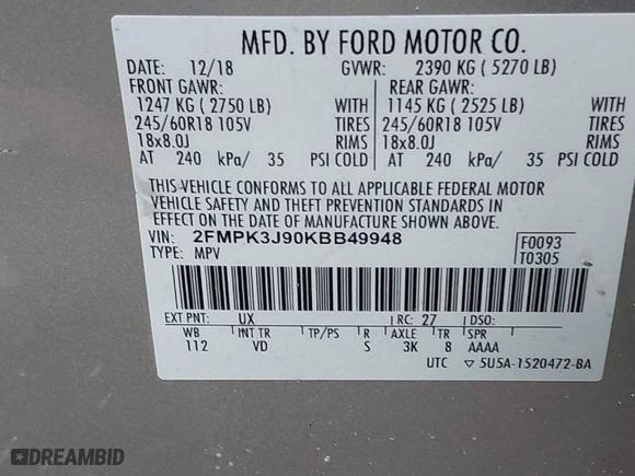 2019 Ford Edge SEL with VIN 2FMPK3J90KBB49948, listed as a IAAI auction lot 41456762 with 125,619 mi miles. Bid and sale history available at carsss.com. Image 9.