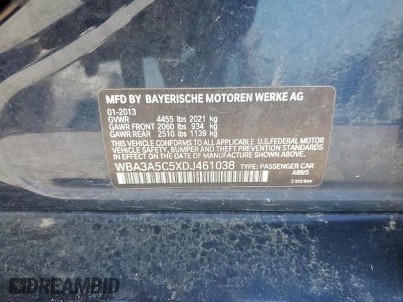2013 BMW 3 Series 328i with VIN WBA3A5C5XDJ461038, listed as a Copart auction lot 52500435 with 108,836 mi miles and Salvage Title. Bid and sale history available at carsss.com. Image 13.
