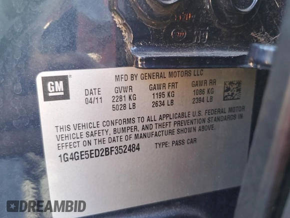 2011 Buick LaCrosse CXS with VIN 1G4GE5ED2BF352484, listed as a Copart auction lot 64176054 with 90,716 mi miles and Salvage Title. Bid and sale history available at carsss.com. Image 14.