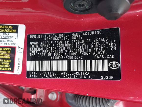 2012 Toyota Camry L with VIN 4T1BF1FK7CU615742, listed as a IAAI auction lot 42034672 with 113,755 mi miles. Bid and sale history available at carsss.com. Image 9.