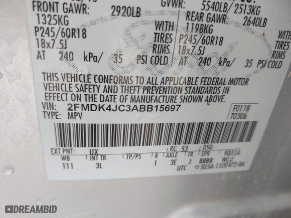 2010 Ford Edge SEL with VIN 2FMDK4JC3ABB15697, listed as a IAAI auction lot 41843677 with 244,248 mi miles. Bid and sale history available at carsss.com. Image 9.