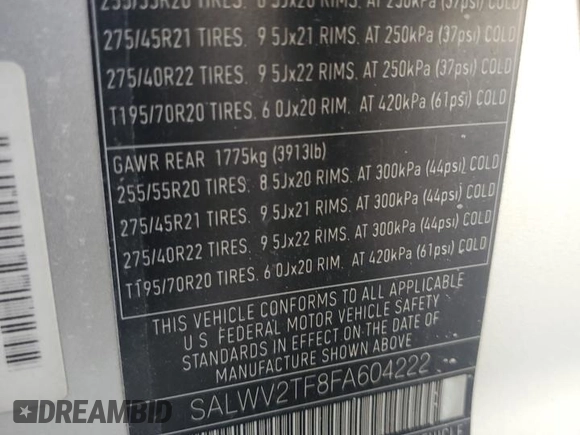 2015 Land Rover Range Rover Sport Autobiography with VIN SALWV2TF8FA604222, listed as a Copart auction lot 53517185 with Not provided miles and Salvage title. Bid and sale history available at DreamBid. Image 13.