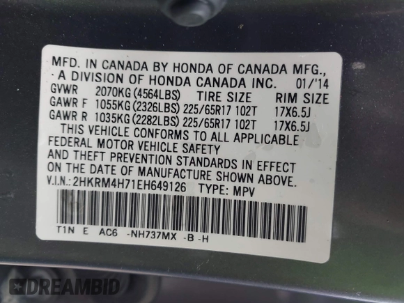 2014 Honda CR-V EX-L with VIN 2HKRM4H71EH649126, listed as a IAAI auction lot 42000855 with 150,394 mi miles. Bid and sale history available at carsss.com. Image 9.