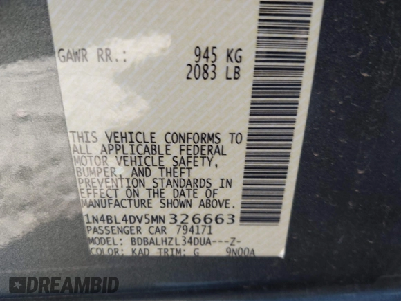 2021 Nissan Altima 2.5 SV with VIN 1N4BL4DV5MN326663, listed as a IAAI auction lot 41631617 with 64,571 mi miles. Bid and sale history available at carsss.com. Image 9.