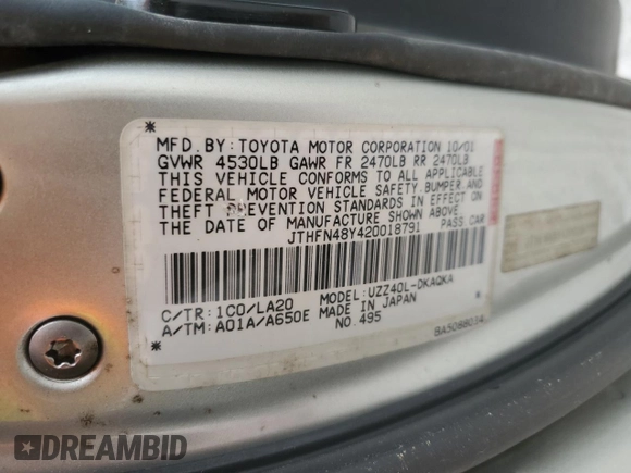 2002 Lexus SC 430 with VIN JTHFN48Y420018791, listed as a Copart auction lot 61790145 with 130,872 mi miles and Salvage title. Bid and sale history available at DreamBid. Image 12.