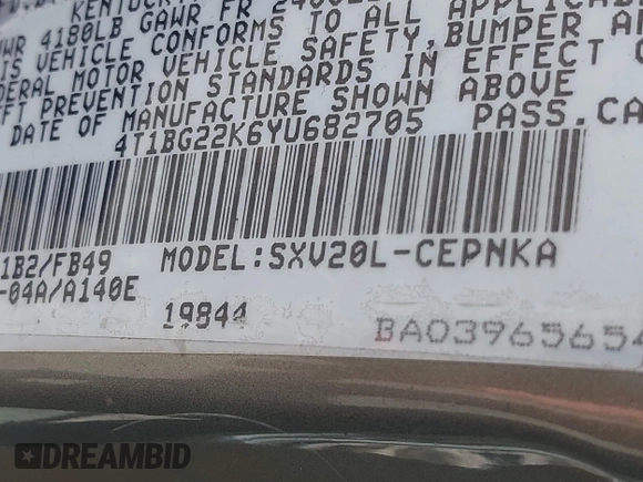2000 Toyota Camry CE z VIN 4T1BG22K6YU682705, wystawiony jako IAAI lot #42080842 z przebiegiem 376 532 mil mil oraz . Historia ofert i sprzedaży dostępna na DreamBid. Obrazek 9.