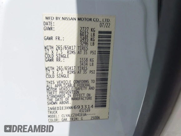 2022 Nissan Frontier SV z VIN 1N6ED1EJXNN693314, wystawiony jako IAAI lot #42322104 z przebiegiem 52 565 mil mil oraz . Historia ofert i sprzedaży dostępna na DreamBid. Obrazek 9.