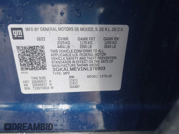 2022 GMC Terrain SLE с VIN 3GKALMEV1NL176903, выставлен на аукционе IAAI как лот 42207338 с пробегом 58 014 миль миль и . История ставок и продаж доступна на DreamBid. Изображение 9.