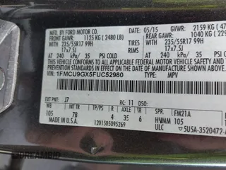 2015 Ford Escape SE with VIN 1FMCU9GX5FUC52980, listed as a IAAI auction lot 42106795 with Not Provided miles and . Bid and sale history available at DreamBid. Image 9.