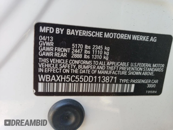 2013 BMW 5 Series 528i xDrive with VIN WBAXH5C55DD113871, listed as a Copart auction lot 73201063 with 71,252 mi miles and Salvage Title. Bid and sale history available at carsss.com. Image 12.